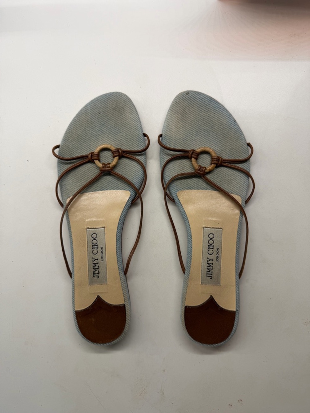 Jimmy Choo Blue and Brown Ring-Accent Denim Slide Sandals